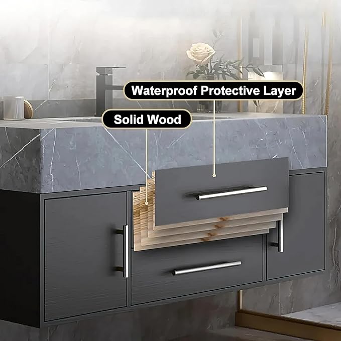 Bathroom Vanity with Sink 39.5" Floating Bathroom Vanity Sintered Stone Modern Bathroom Vanity Set, Black (Wall Mounted, Silver Handle)