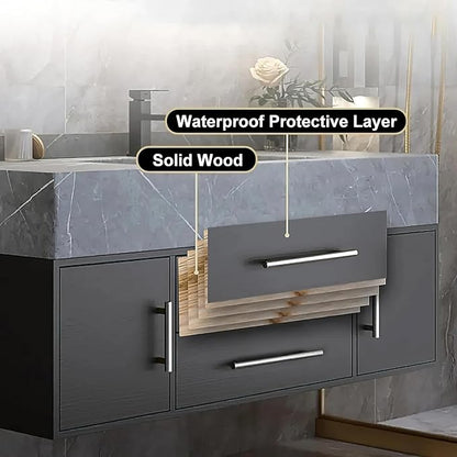 Bathroom Vanity with Sink 39.5" Floating Bathroom Vanity Sintered Stone Modern Bathroom Vanity Set, Black (Wall Mounted, Silver Handle)