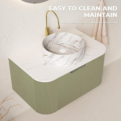 LKTART 30 Inch Floating Bathroom Vanity with Sink, Modern Wall Mounted Bathroom Storage Cabinet with Drawer, Stone Pattern Round White Ceramic Sink Top and Marble Texture Top, Green