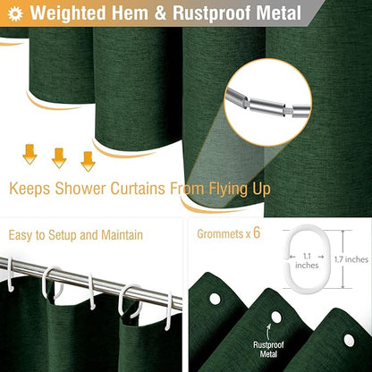 BTTN Stall Fabric Shower Curtain - 36x72 Inch Narrow Linen Textured Heavy Duty Shower Curtain Set with 6 Plastic Hooks, Hotel Luxury Half Waterproof Neutral Bath Curtains for Bathroom - Emerald Green