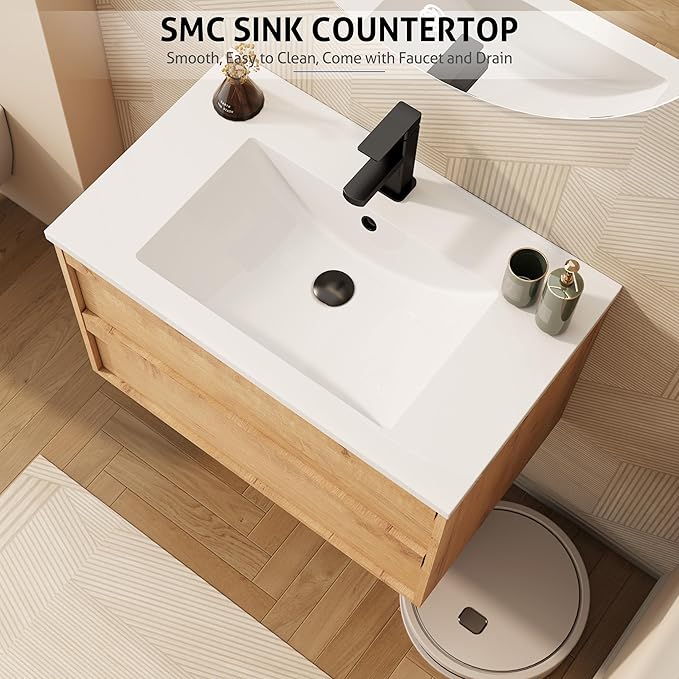 eclife 30" Floating Bathroom Vanity Sink Combo, Wall Mounted Modern Minimalist Storage Cabinet with 2 Drawers, Include Sink, Faucet & Drain, Natural