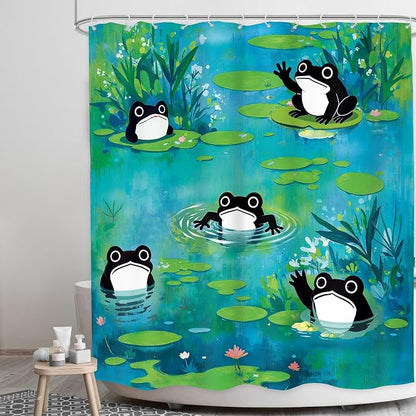 Funny Frog Cute Cartoon Animal Lotus Leaves Bathroom Shower Curtain Set | 60Wx71H Flowers Green waterproof HD print, quick-dry fabric, and 12 hooks for easy setup