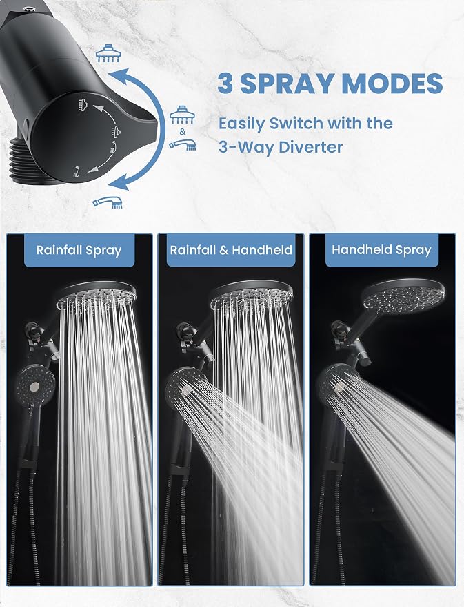 Filtered Shower Head Handheld Mother-Child Large Arm Combo, High Pressure 10-Spd Detachable Chrome Showerhead w/Stainless Hose, Water Softener Beads Hard Water - Remove Chlorine, Black
