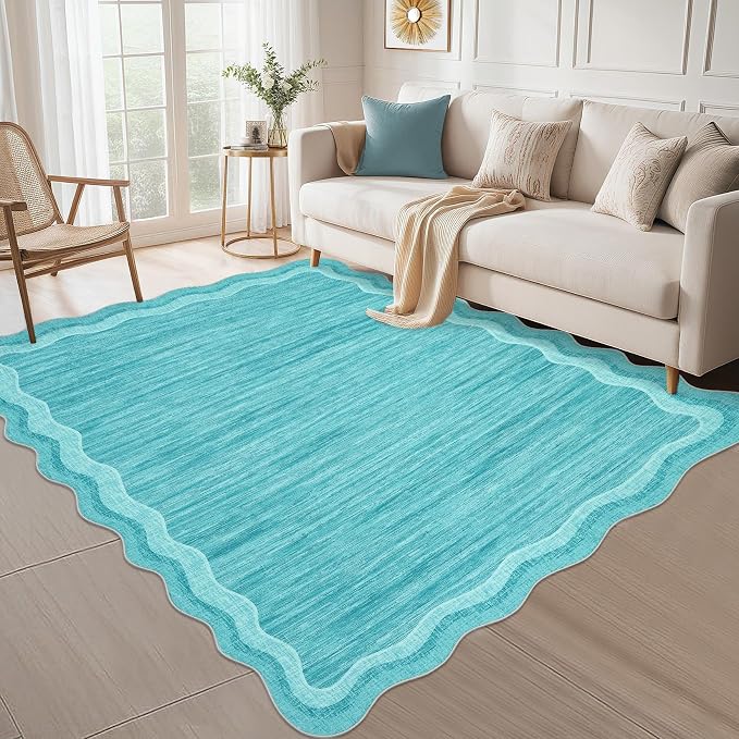 Garvee Scalloped Rug 10x13 Washable Area Rug for Living Room Teal | Rugs for Living Room, Non-Slip Soft Carpet for Bedroom, Scalloped Low-Pile Solid Rug Accent Rug for Dining Room Home Office
