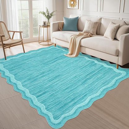 Garvee Scalloped Rug 10x13 Washable Area Rug for Living Room Teal | Rugs for Living Room, Non-Slip Soft Carpet for Bedroom, Scalloped Low-Pile Solid Rug Accent Rug for Dining Room Home Office