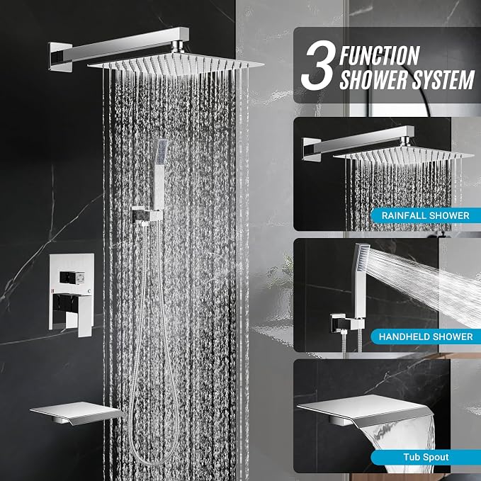 10" Rain Shower Faucet Set with Tub Spout, Chrome | Anti-scald cartridge, air tech boosts pressure 50%, 3-func diverter, NPT 1/2