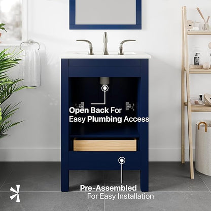 Eviva Aberdeen 24 in. Blue Single Sink Bath Vanity with Carrara Quartz Top and Undermount Porcelain Sink