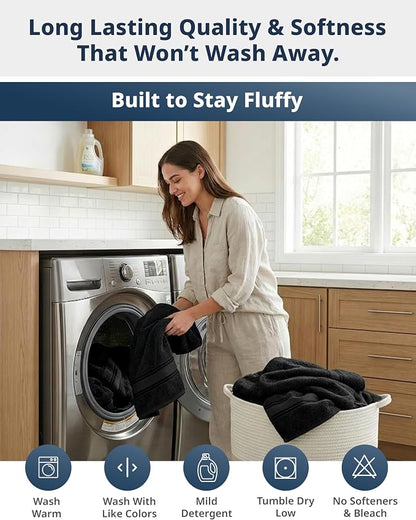 LANE LINEN Towel Set for Bathroom Soft Absorbent Quick Dry 6 Piece - Black | Set Of Towels - Dobby Border Accent, OEKO-TEX Certified, Zero-Twist Durability, Zero-Twist Cotton, Terry Weave Comfort