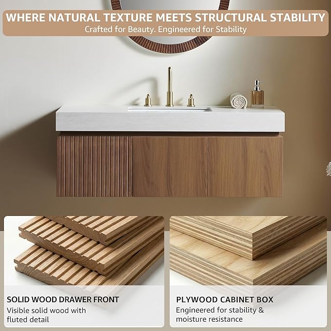 48” Floating Bathroom Vanity with Sink, Wall-Mounted Cabinet with Drawer & Doors, Roma Travertine-Pattern Countertop, Undermount Basin, 3 Faucet Hole, Soft-Close, Pre-Assembled, Brown Oak