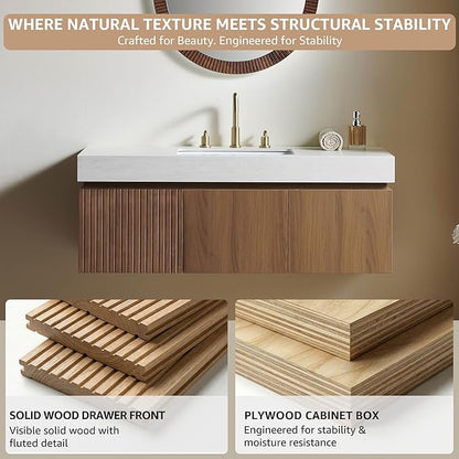 48” Floating Bathroom Vanity with Sink, Wall-Mounted Cabinet with Drawer & Doors, Roma Travertine-Pattern Countertop, Undermount Basin, 3 Faucet Hole, Soft-Close, Pre-Assembled, Brown Oak