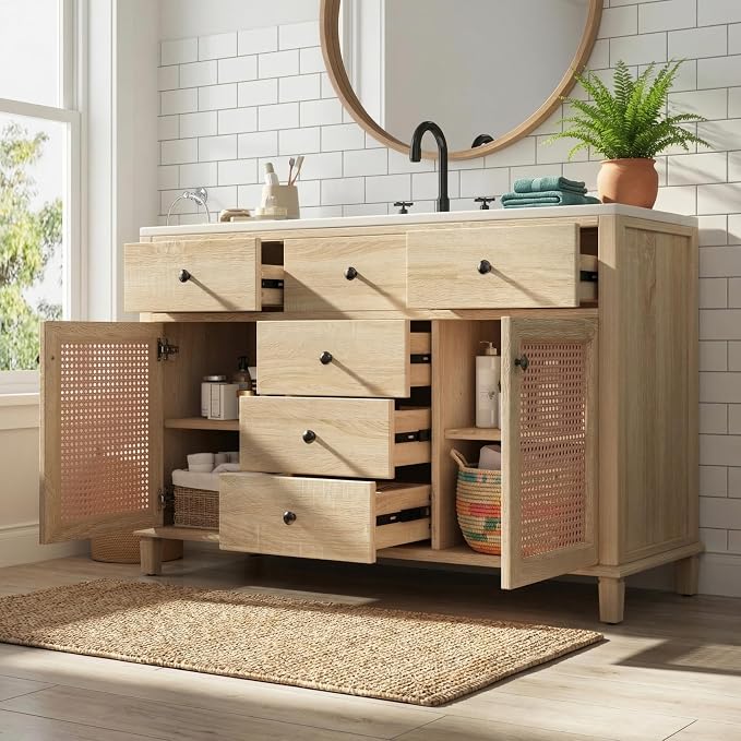 48-Inch Natural Rattan Bathroom Vanity with Ceramic Sink, Bathroom Storage Cabinet with Solid Wood Frame, Drawers &Rattan Doors, Soft-Close,Space Saving Vanity Sink for Bathroom