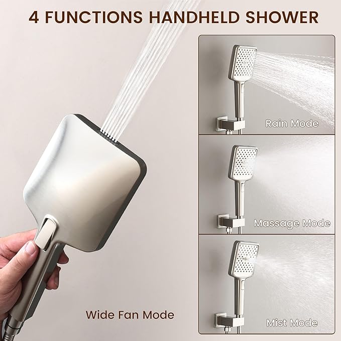 MONDAWE 12 Inch Wall Mounted Brushed Nickel Shower System, 3-Function Shower Faucet Set with Rainfall Dual Shower Head and High Pressure 4-Setting Handheld, All Functions Can be Used At the Same Time
