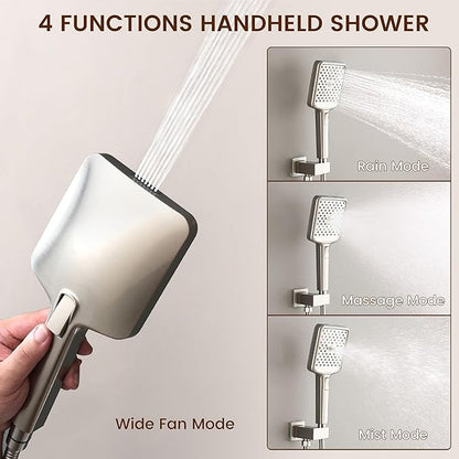 MONDAWE 12 Inch Wall Mounted Brushed Nickel Shower System, 3-Function Shower Faucet Set with Rainfall Dual Shower Head and High Pressure 4-Setting Handheld, All Functions Can be Used At the Same Time