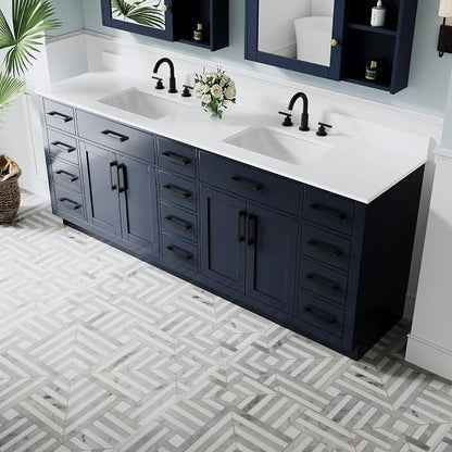 84-Inch Bathroom Vanity with Double Sinks W/ 4 Doors & 12 Drawers & 2 Flip Drawers, Navy Blue Vanity W/Matte Black Handles