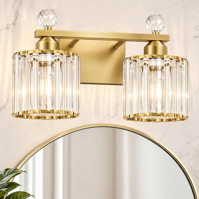 Lxybcce Modern Crystal Bathroom Vanity Light, 14In 2-Lights Bathroom Light Fixtures, Gold Vanity Light Fixtures Over Mirror, Easy Installation & Shadow-Free Illumination for Bathroom Mirror Decor