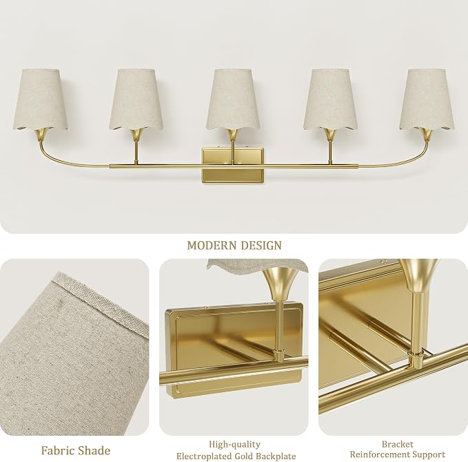 Morauroral Bathroom Light Fixtures Over Mirror, 5 Light Vanity Light for Bathroom, Gold Vanity Light Fixtures with Fabric Linen Shade, E26 Socket Sconce Wall Decor(ETL Listed)