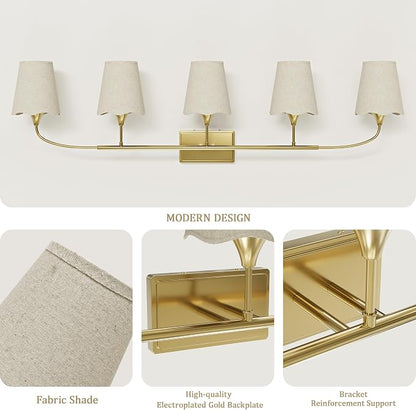 Morauroral Bathroom Light Fixtures Over Mirror, 5 Light Vanity Light for Bathroom, Gold Vanity Light Fixtures with Fabric Linen Shade, E26 Socket Sconce Wall Decor(ETL Listed)