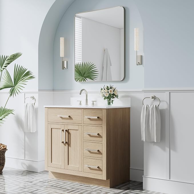 36-Inch Bathroom Vanity with Sink W/ 2 Doors & 4 Drawers & 1 Flip Drawer, Oak Vanity W/Brushed Nickel Handles