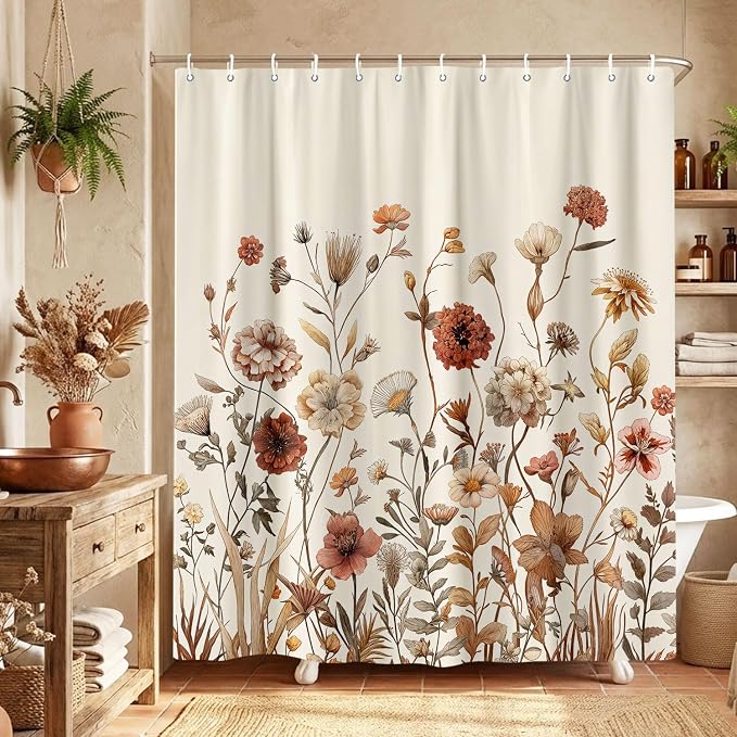 Vintage Boho Beige Floral Shower Curtain, Brown Cream Tan Rustic Farmhouse Flower Shower Curtain Set, Cute Botanical Wlidflowers Fabric Shower Curtains Decoration, 72X72 Aesthetic Bathroom Accessories
