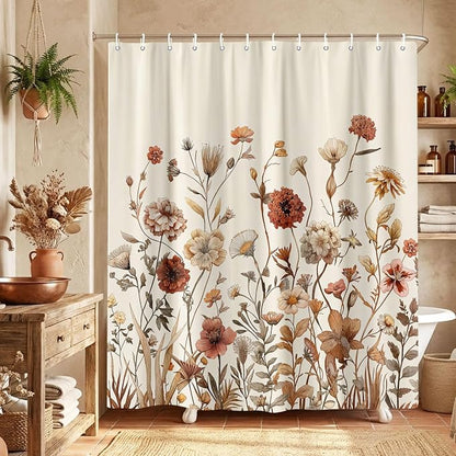 Vintage Boho Beige Floral Shower Curtain, Brown Cream Tan Rustic Farmhouse Flower Shower Curtain Set, Cute Botanical Wlidflowers Fabric Shower Curtains Decoration, 72X72 Aesthetic Bathroom Accessories