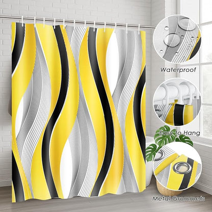 Bathroom Sets with Shower Curtain and Rugs, 4 Pcs Geometric Yellow | Striped Modern Grey Bathroom Decor Set with Toilet Lid Cover, Non-Slip Bath Mats and Accessories 12 Hooks