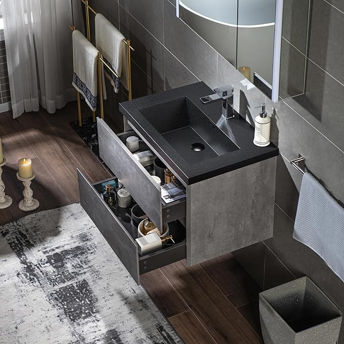 WOODBRIDGE 24 in. W x 19 in. D Wall Mounted Floating Bathroom Vanity in Gray with Quartz Sand Composite Vanity Top in Matte Black