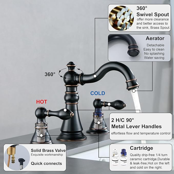 Two Handle Bathroom Sink Faucet Oil Rubbed Bronze 3 Hole Bathroom Faucet with Pop up Drain, 8 Inch Widespread Bathroom Faucet,High Arc Lavatory Faucet,F-8303-ORB