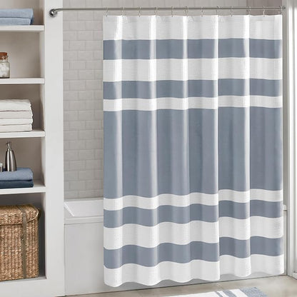 Madison Park Spa Waffle Extra Wide Shower Curtain, 108 x 72, Indigo Blue | Striped, Pieced Fabric Design, 3M Scotchgard Moisture Management, Hotel Quality, Modern, for Bathroom, OEKO-TEX Certified