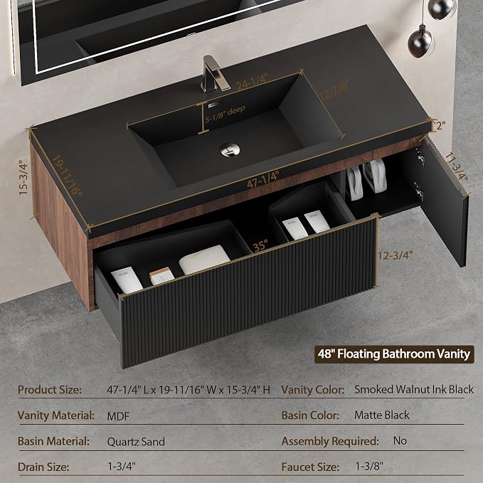 48 Inch Floating Bathroom Vanity with Sink, Modern Black Wall Mounted Floating Vanity with Scratch-Resistant Quartz Sand Basin, Soft Closing Drawers, Fully Pre Assembled Bathroom Vanity