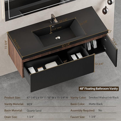 48 Inch Floating Bathroom Vanity with Sink, Modern Black Wall Mounted Floating Vanity with Scratch-Resistant Quartz Sand Basin, Soft Closing Drawers, Fully Pre Assembled Bathroom Vanity