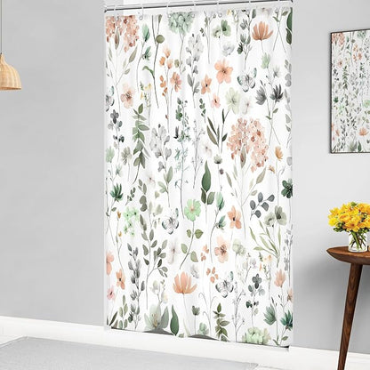 Cute Green Pink Floral Stall Single Wildflower Bathroom Shower Curtain Set | 54"W x 78"H Watercolor Boho; waterproof HD print, quick-dry fabric and plastic hooks for easy setup.