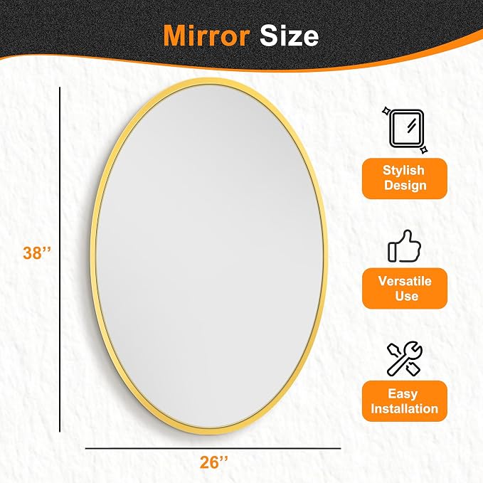 38x26 Gold Oval Bathroom Mirror for Over Sink, Aluminum Frame | HD Reflection No Distortion, Aluminum Frame, Mounting Hardware for Vertical or Horizontal Mount