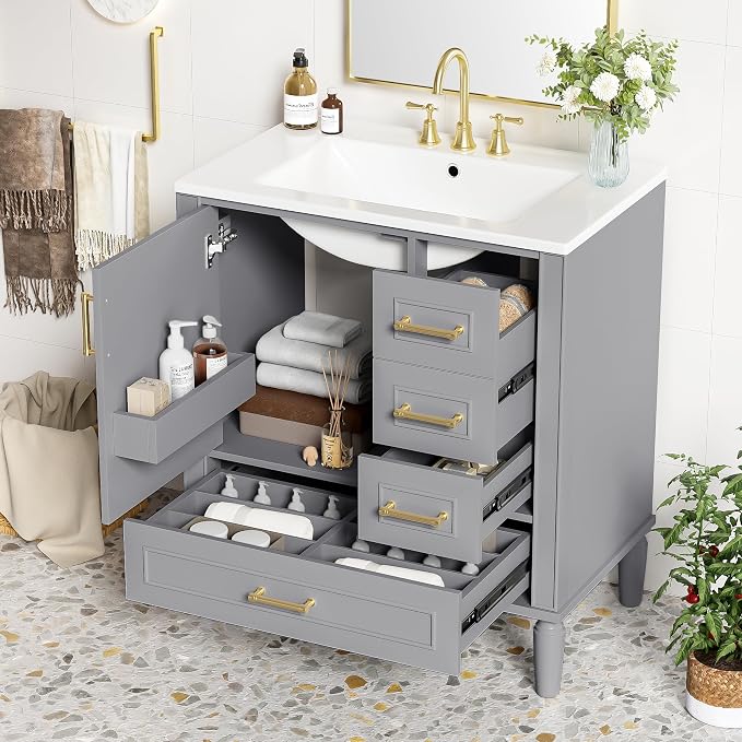 30" Bathroom Vanity with Sink,Free Standing Single Basin Vanity Set w/ 3 Drawers & Soft Closing Door,Solid Wood Frame,Metal Handles,Modern Storage Cabinet for Small Space,Grey
