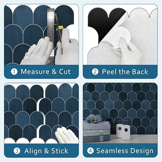 SUNWINGS 10-Sheet Fish Scale Peel and Stick Backsplash Tile, 11.4'' x 10.9" Stone Composite Scallop Handmade Looks Self-Adhesive Wall Tiles for Kitchen Bathroom, Blue