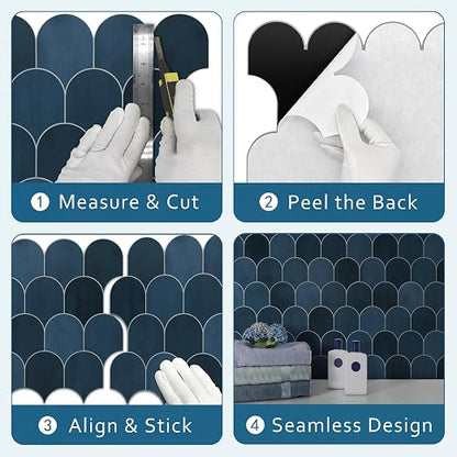 SUNWINGS 10-Sheet Fish Scale Peel and Stick Backsplash Tile, 11.4'' x 10.9" Stone Composite Scallop Handmade Looks Self-Adhesive Wall Tiles for Kitchen Bathroom, Blue