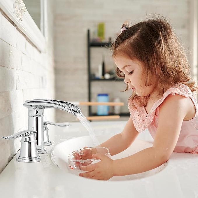 BWE Waterfall Bathroom Faucet, Chrome 8 Inch Widespread Bathroom Sink Faucet Two-Handle Waterfall, Metal Pop-up Drain Include, for Vanity, Lavatory Sink