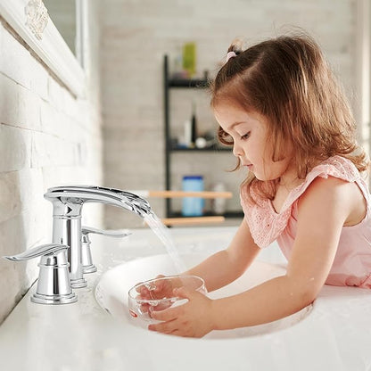 BWE Waterfall Bathroom Faucet, Chrome 8 Inch Widespread Bathroom Sink Faucet Two-Handle Waterfall, Metal Pop-up Drain Include, for Vanity, Lavatory Sink