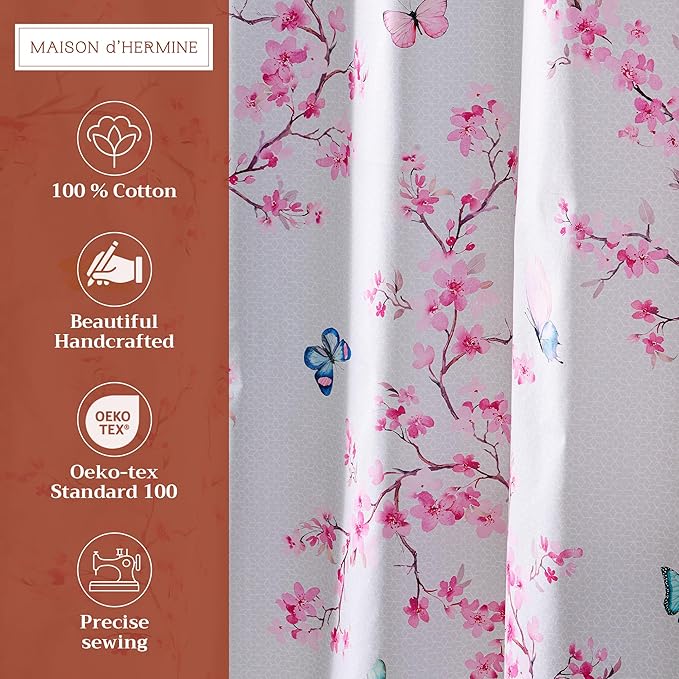 Maison d' Hermine Shower Curtain 100% Cotton One Panel 70"x72" Washable Fabric Shower Curtains for Bathroom, Easy Hanging with 12 Button Holes - Home Hotel Spa Easter Gifts(Blossoms in Spring)