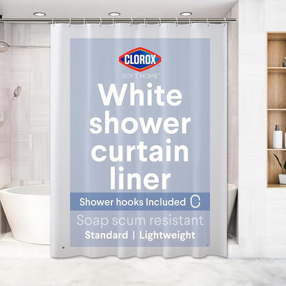 Clorox Shower Curtain Liner & Hooks, Premium Lightweight Flexible Waterproof 4g PEVA for Bathroom with Weighted Magnets, Standard Size 70" x 72", White 1 Pack