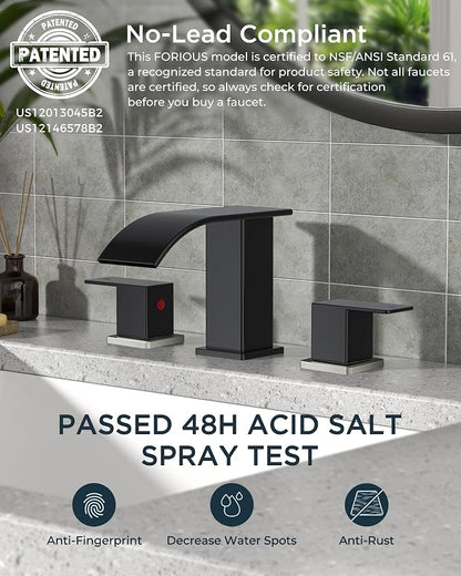 FORIOUS Bathroom Faucet Waterfall 3 Hole 8 Inch Black and Brushed Nickel | Square Bathroom Sink Faucet with Pop-up Drain and 24" Supply Lines, Lead-Free SUS304, Two Handles for Vanity RV Farmhouse