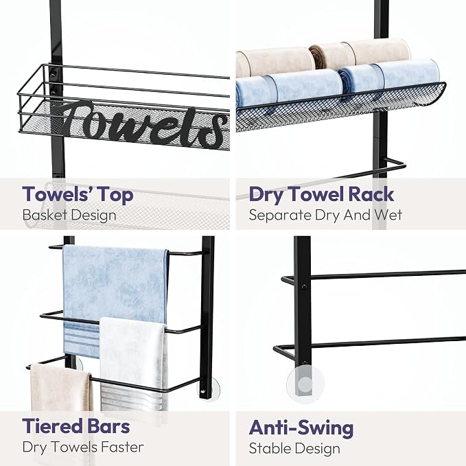 SWTYMIKI Over the Door Towel Racks for Bathroom - 5-Tier Wall Mounted Bathroom Towel Storage Organizer Holder with Metal Shelf, Black