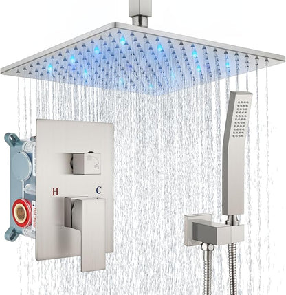 Aolemi Ceiling Shower Faucet Set with Handheld 12" LED Head Brushed Nickel | Handheld Spray,12 Inch Rain LED Head,Shower Valve and Trim Kit,All Metal,Ceiling System,Bathroom Mixer