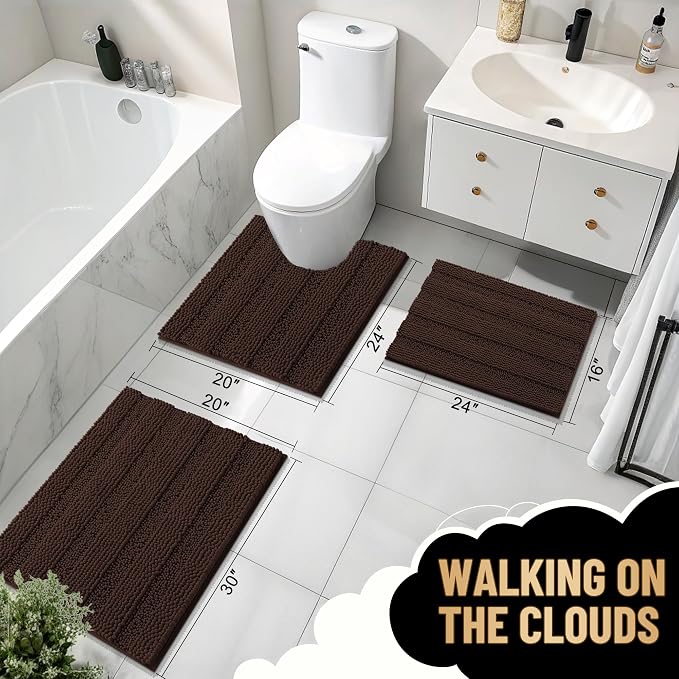 OLANLY Thick Large Bathroom Rugs 40x32, Soft Chenille Bath Rugs, Brown | Absorbent Striped, Rubber Backing, Machine Wash Dry, Bath Mats for Bathroom Floor, Tub and Shower, Home Decor Accessories