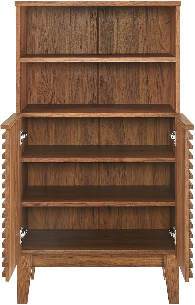 Modway Render Freestanding Bathroom Storage Cabinet in Walnut - 43 Inch Linen or Towel Cabinet with Slatted Doors