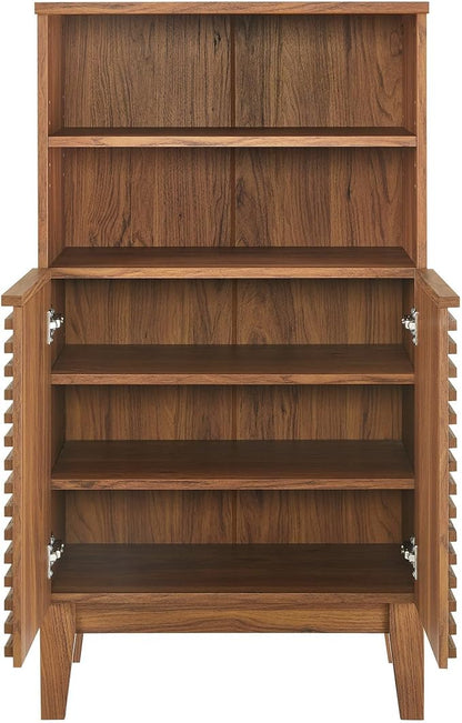 Modway Render Freestanding Bathroom Storage Cabinet in Walnut - 43 Inch Linen or Towel Cabinet with Slatted Doors