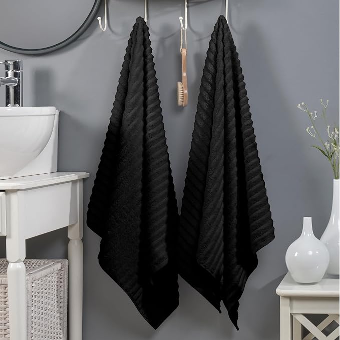 Elegant Comfort 100% Turkish Cotton Corduroy Ribbed Luxury Soft 2 Pack Bath Towels 27 x 54 Inch - Ultra Plush, Absorbent, Quick Dry, Hotel Spa Quality Towels for Bathroom Essentials, Black