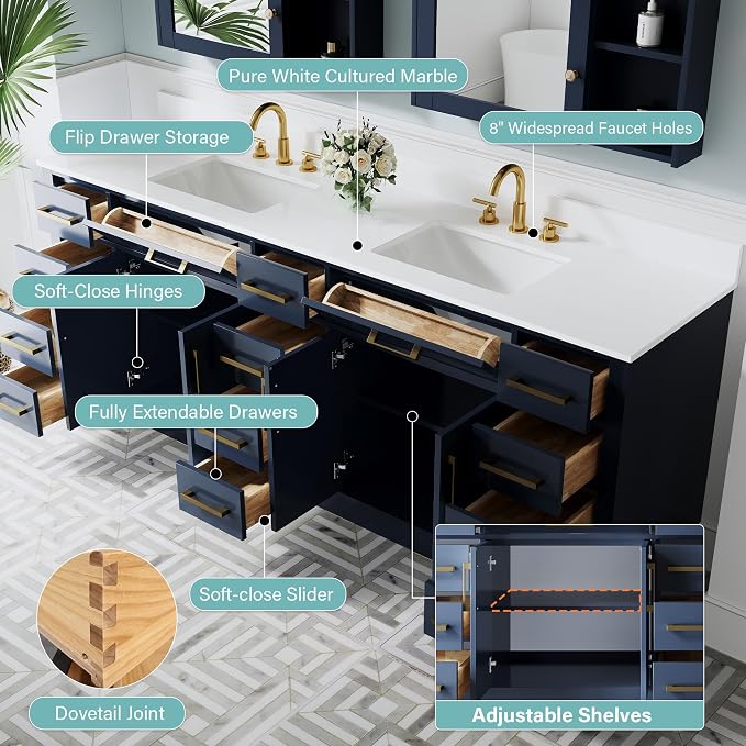 84-Inch Bathroom Vanity with Double Sinks W/ 4 Doors & 12 Drawers & 2 Flip Drawers, Navy Blue Vanity W/Brushed Gold Handles