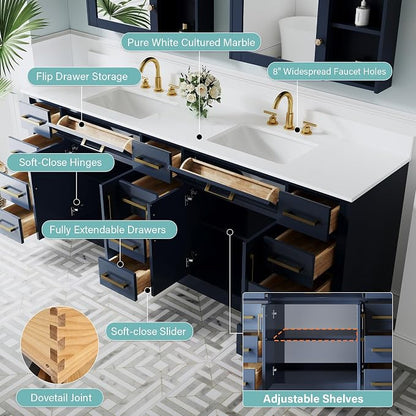 84-Inch Bathroom Vanity with Double Sinks W/ 4 Doors & 12 Drawers & 2 Flip Drawers, Navy Blue Vanity W/Brushed Gold Handles