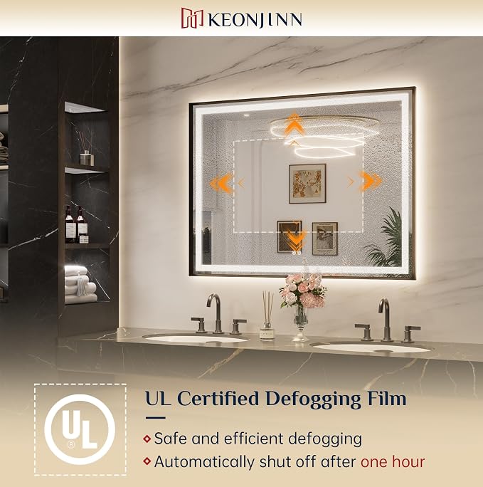 Keonjinn 40x30 Inch Black LED Bathroom Mirror with Lights, Beveled Edge | Frontlit & Backlit, Lighted Bathroom Mirror, HD Tempered Glass, 3 Color Temperatures, Anti-fog, Stepless Dimmable