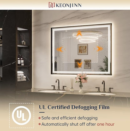 Keonjinn 40x30 Inch Black LED Bathroom Mirror with Lights, Beveled Edge | Frontlit & Backlit, Lighted Bathroom Mirror, HD Tempered Glass, 3 Color Temperatures, Anti-fog, Stepless Dimmable